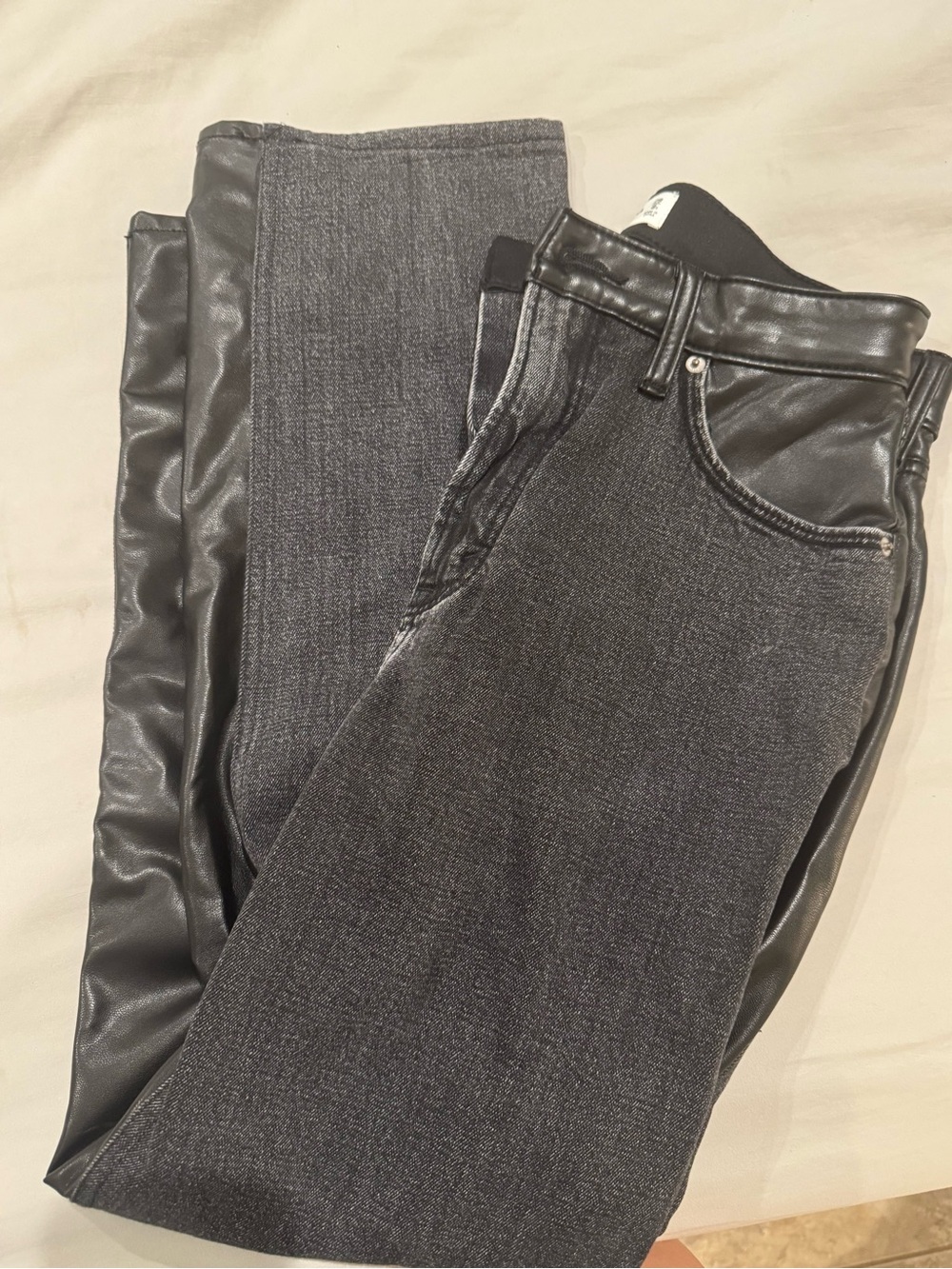 Women's Black Faux Leather-Trim Jeans